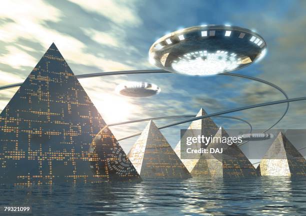 imaginary spacecraft and pyramids, illustration, cg, low angle view - building cloud reflection stock illustrations