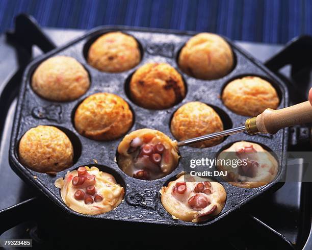 takoyaki, high angle view, differential focus - takoyaki stock pictures, royalty-free photos & images