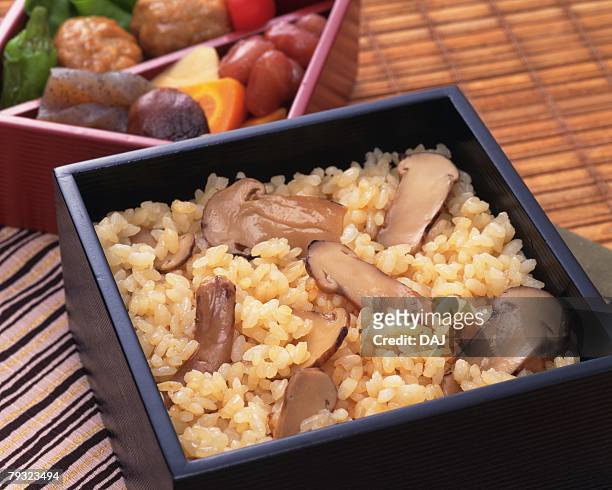 lunch box, matsutake mushroom rice, close up - konjac 個照片及圖片檔