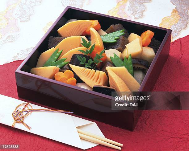 lunch box, boiled vegetable, high angle view - konjac 個照片及圖片檔