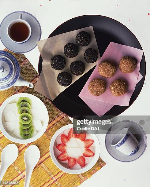 japanese sweets, high angle view - almond jelly stock pictures, royalty-free photos & images