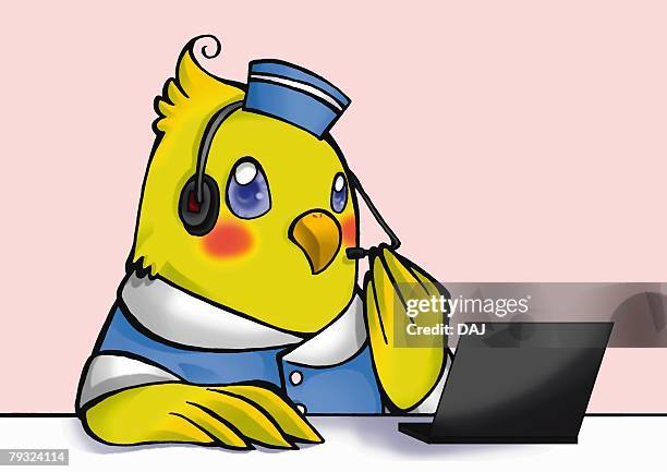 parrot wearing headset, sitting at desk, front view, pink background - using laptop front view stock illustrations