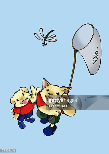two dogs trying to catch a dragonfly, high angle view, blue background - catching bugs stock illustrations