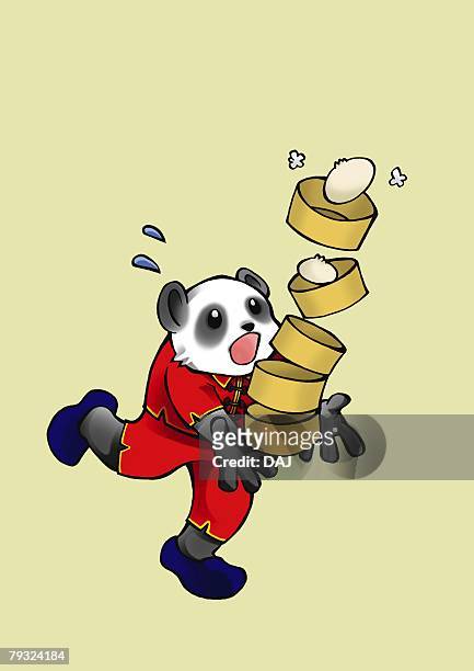 stockillustraties, clipart, cartoons en iconen met panda carrying pile of bamboo steamers, front view, beige background - chinese knoedel