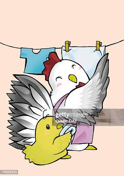 chicken and chick hanging laundries, side view, pink background - two ropes together stock illustrations