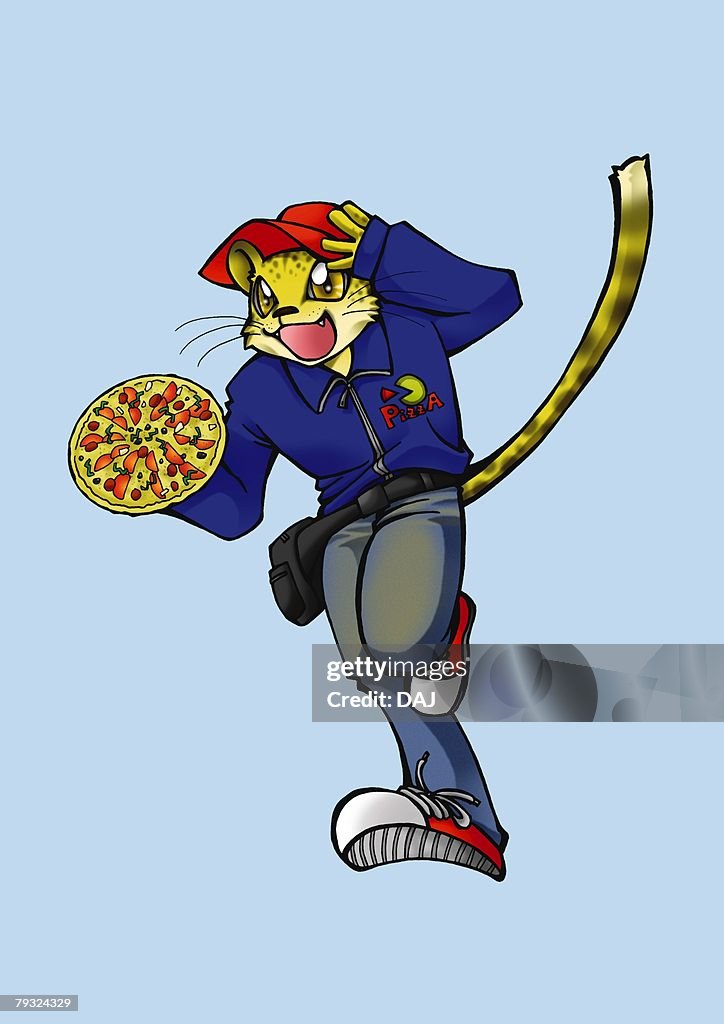 Cheetah running and holding pizza, front view, blue background