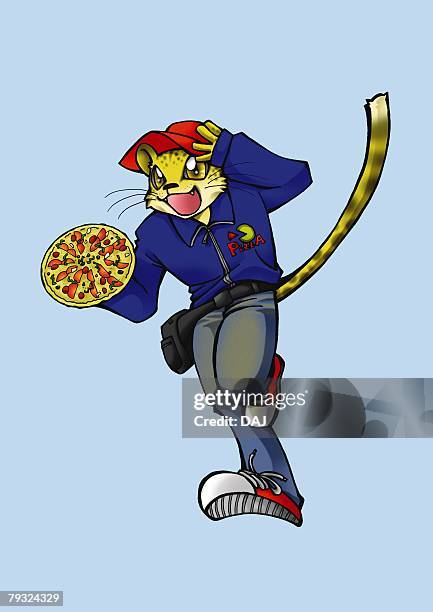 cheetah running and holding pizza, front view, blue background - african cheetah stock illustrations