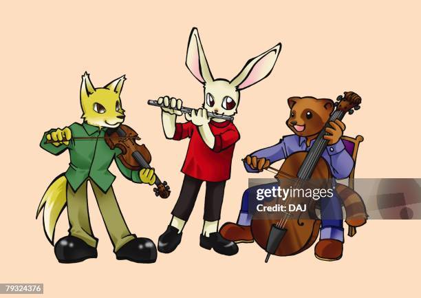 animals playing musical instruments, front view, pink background - three violins stock illustrations