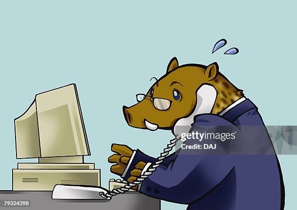 wild boar in suit using phone and computer, side view, blue background - professional typing on computer stock illustrations