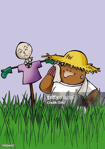 mole and scarecrow in the field, front view, purple background - scarecrow faces stock illustrations
