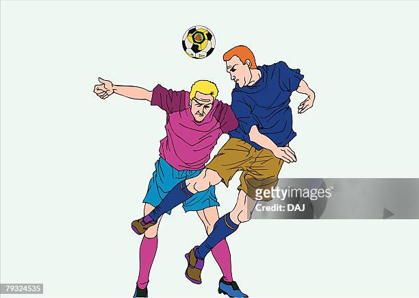 painting of two football players playing game, illustration - heading the ball 幅插畫檔、美工圖案、卡通及圖標