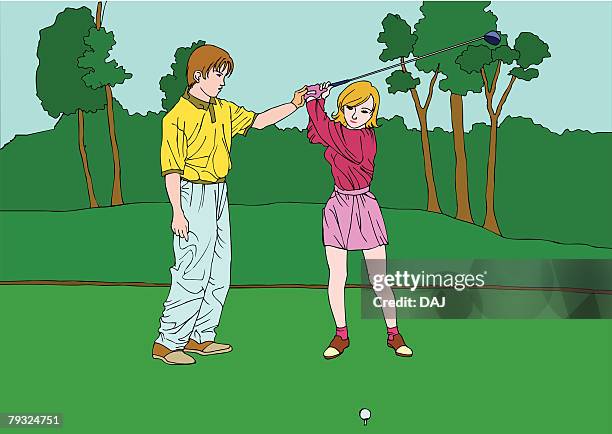 painting of a golf instructor teaching his student swing, illustration - golf course trees stock illustrations