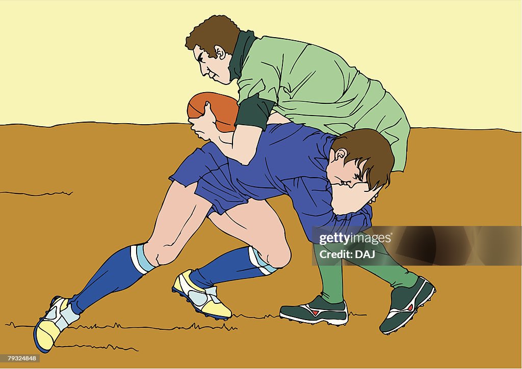 Painting of rugby players scrambling for the ball, Illustration
