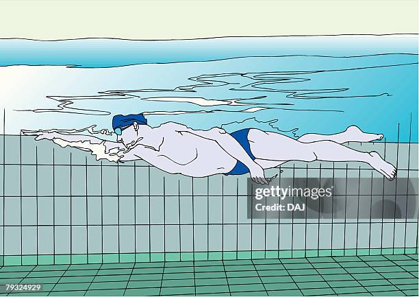 painting of a young adult man swimming, side view, illustration - man swimming in water stock illustrations