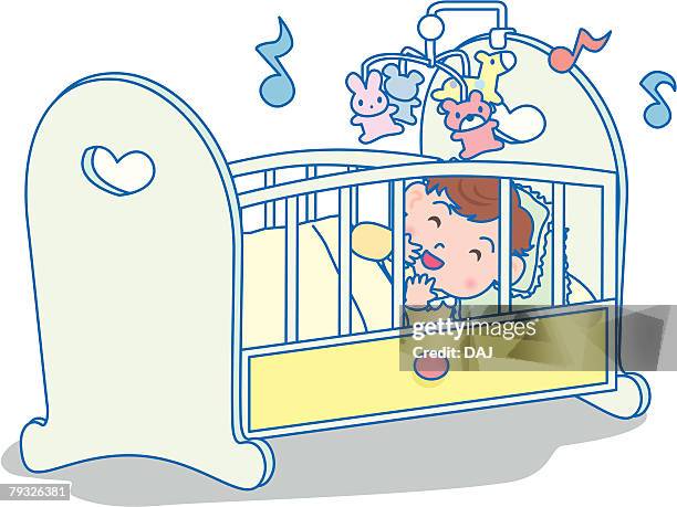 baby listening music, smiling - baby lying on back stock illustrations