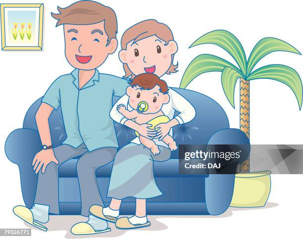 parents with baby on sofa, smiling - smiling baby white background stock illustrations