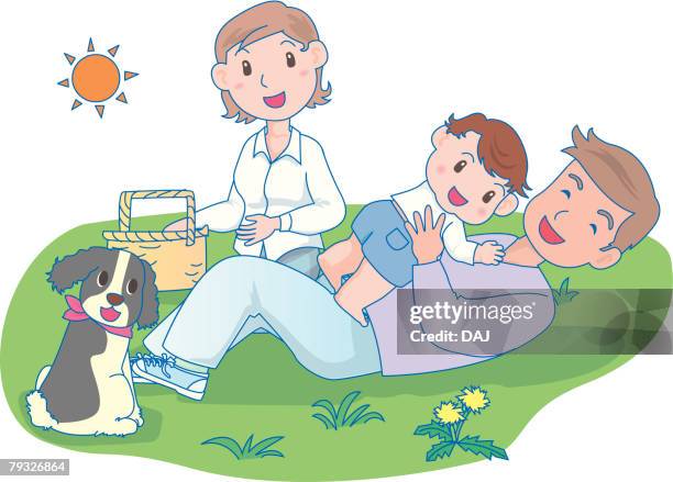 father lying on back with daughter, mother and dog at side them - smiling baby white background stock illustrations