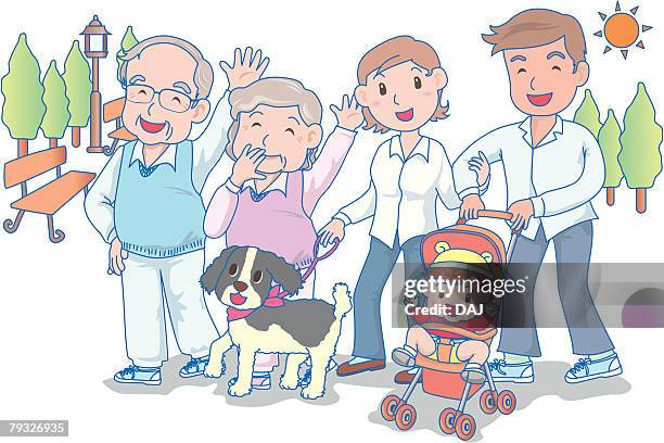 three generational family, father pushing baby carriage, smiling - grandson stock illustrations