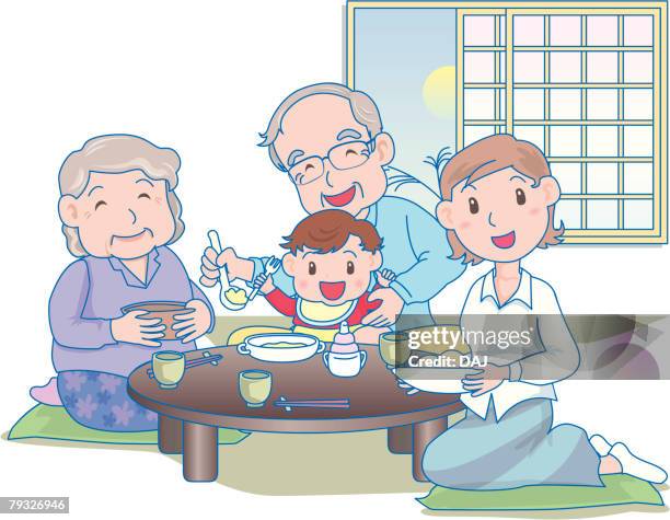 three generational family at dinner table, smiling - smiling baby white background stock illustrations