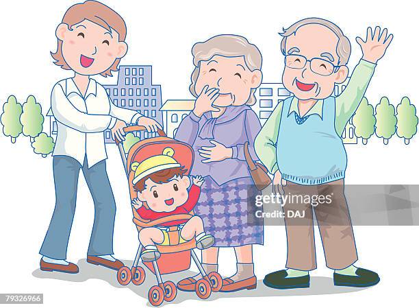 three generational family, mother pushing baby carriage, smiling - smiling baby white background stock illustrations
