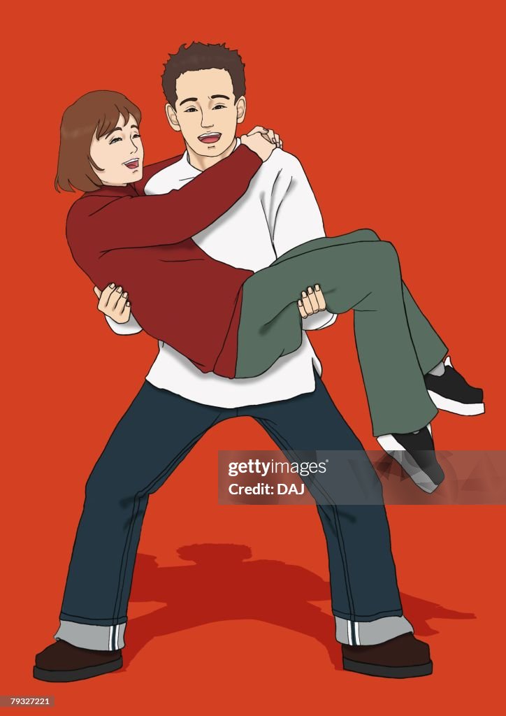 A Young man lifting up a woman, Portrait, Illustration
