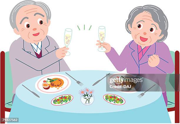 ilustrações, clipart, desenhos animados e ícones de senior man and woman toasting glasses at dinner, front view - casaco de fato