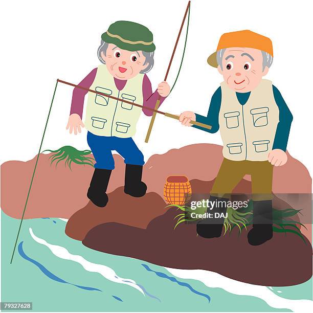 senior man and woman enjoying fishing, front view - senior water women stock illustrations