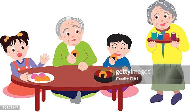 senior man sitting at table with grandchildren, senior woman bringing cups of tea - granddaughter stock illustrations