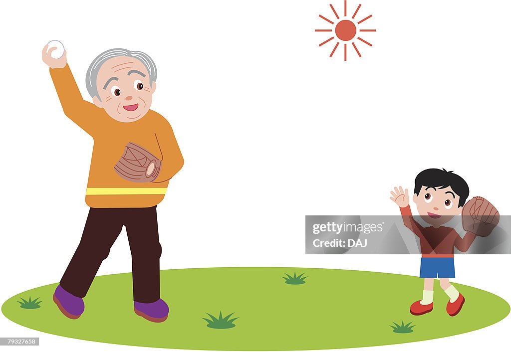 Senior man playing catch with grandson, front view