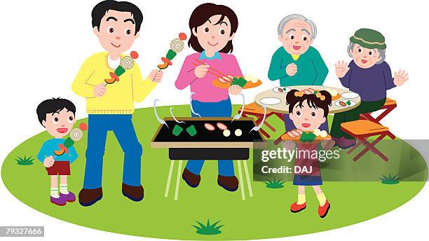 three generation family cooking on barbecue, front view - mann lässig gras sitzen stock-grafiken, -clipart, -cartoons und -symbole