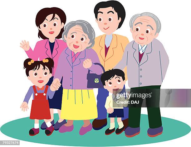three generation family standing together, front view - multiple generations stock illustrations