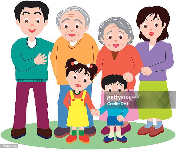 three generation family standing together, front view - grandmother portrait stock illustrations