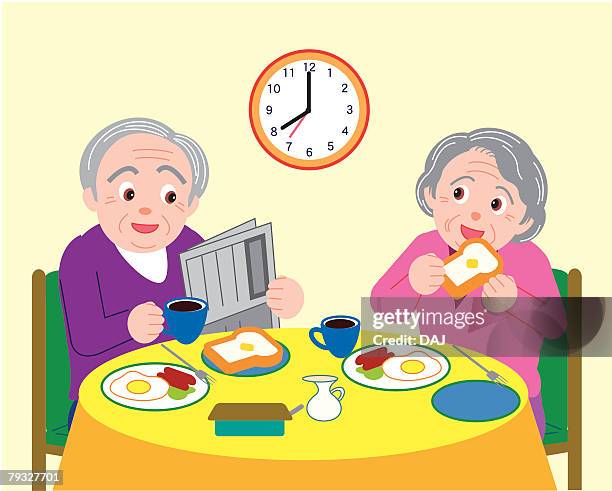 senior man and woman talking and having breakfast, front view - couple having coffee stock illustrations