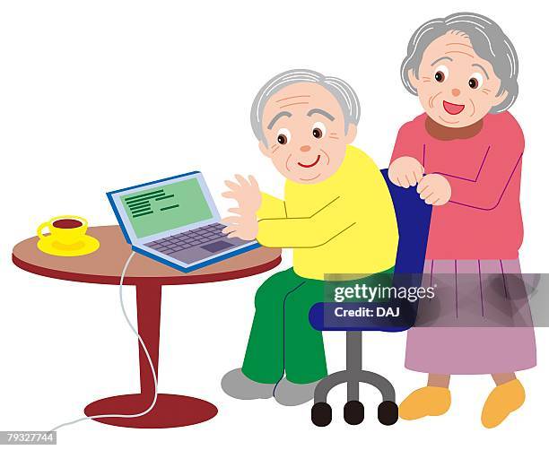 senior man and woman looking at laptop on the table together - three quarter length stock illustrations