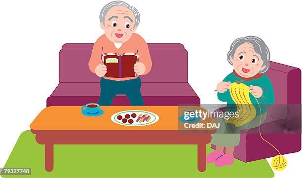 stockillustraties, clipart, cartoons en iconen met senior man and woman in living room at tea break, front view - hair salon