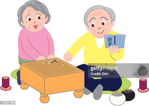 senior man and woman playing go, front view - old couple sitting stock illustrations