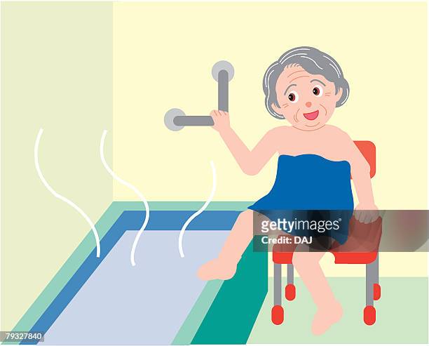 stockillustraties, clipart, cartoons en iconen met senior woman trying to move over to bathtub from chair in bathroom, front view - senioren in bad