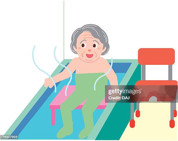 stockillustraties, clipart, cartoons en iconen met senior woman relaxing in bathtub, high angle view - senioren in bad