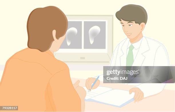 doctor diagnosing patient, illustration - doctor explaining stock illustrations