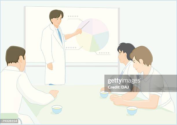 ilustraciones, imágenes clip art, dibujos animados e iconos de stock de doctors having meeting using circular graph, illustration - nurse behind desk