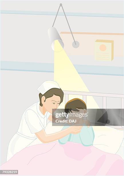 nurse caring child patient, illustration - 泣く　女性　正面点のイラスト素��材／クリップアート素材／マンガ素材／アイコン素材