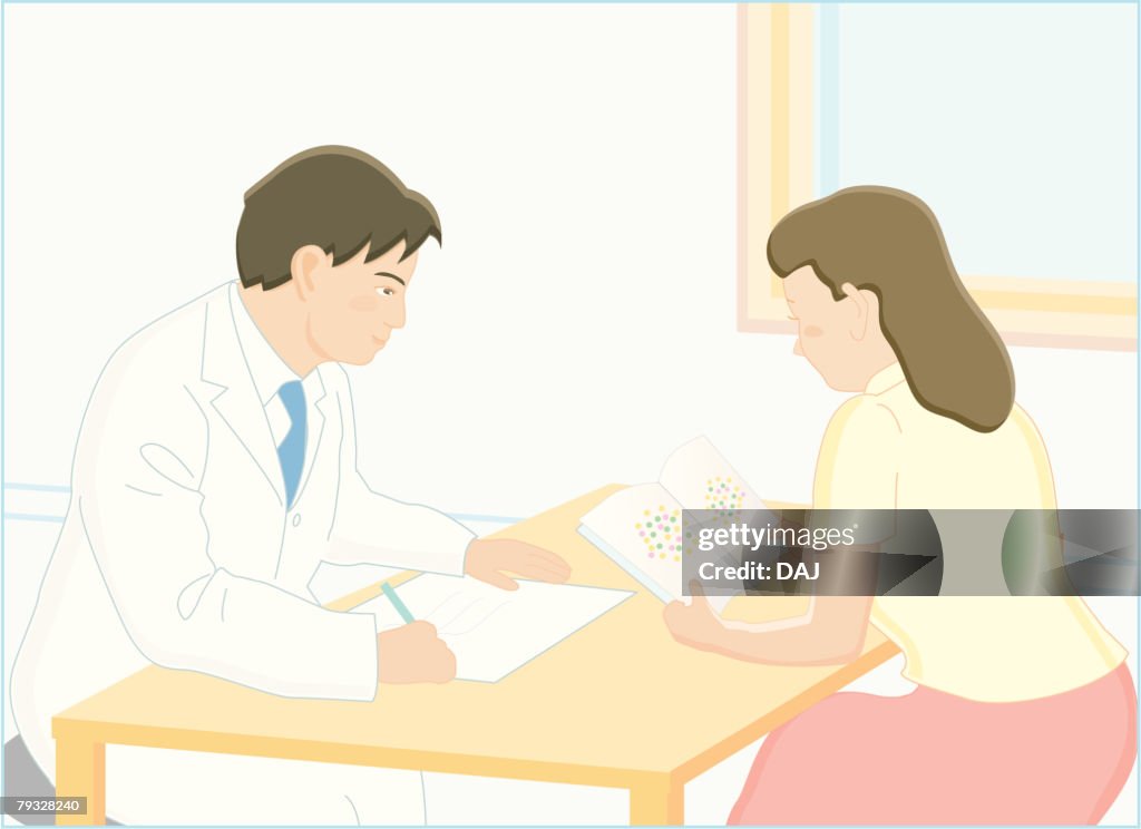 Doctor giving patient color blind test, Illustration