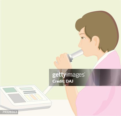 Patient taking respiratory function test, Illustration Patient taking respiratory function test, Illustration