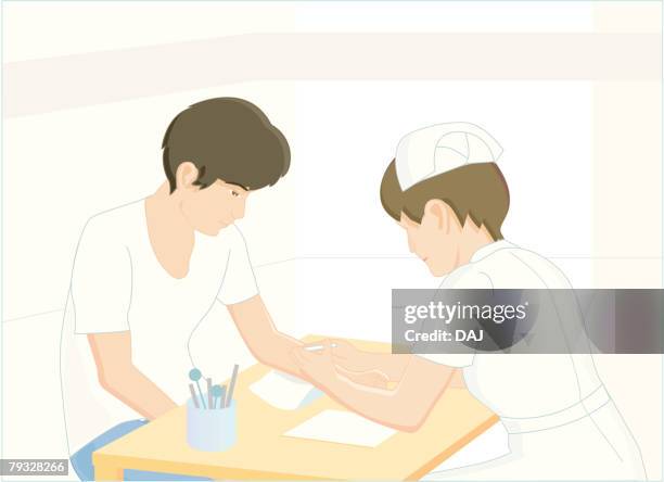 ilustraciones, imágenes clip art, dibujos animados e iconos de stock de nurse collecting patients blood, illustration - nurse behind desk