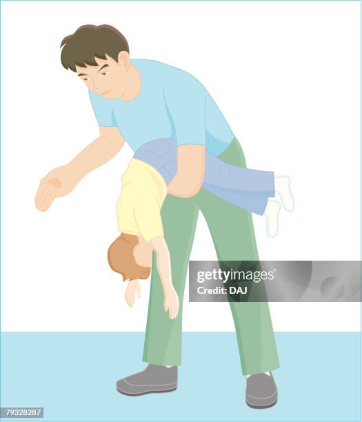 father helping son throw up foreign material, illustration - parent child saving stock illustrations