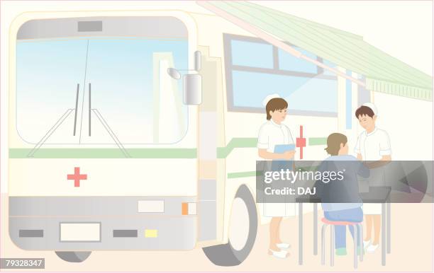 ilustraciones, imágenes clip art, dibujos animados e iconos de stock de nurses collecting blood from patient by mobile blood donation unit, illustration - nurse behind desk