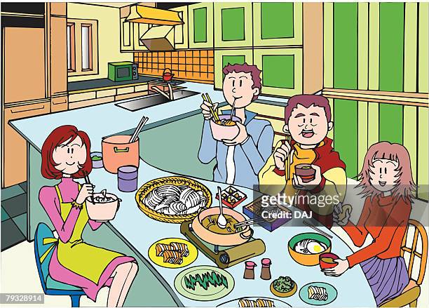 ilustrações de stock, clip art, desenhos animados e ícones de family having a meal together, illustrative technique - 16 17 anos