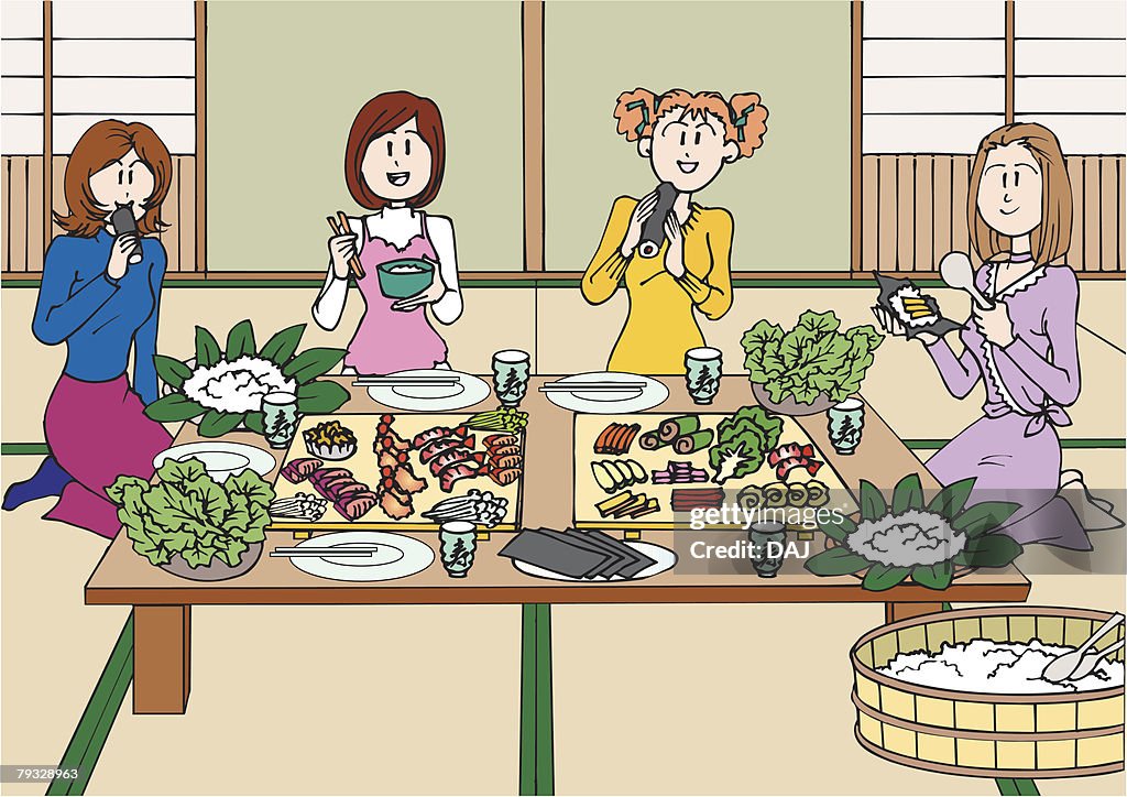Young Adult Women Having a Sushi Rolls, Illustrative Technique