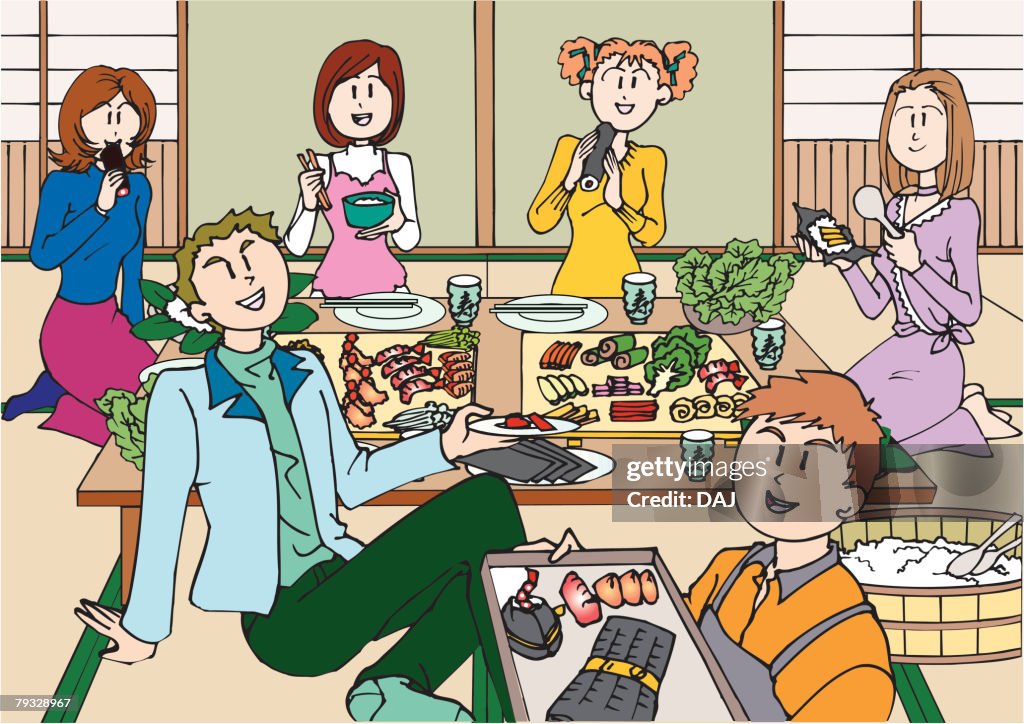 Young Adult Men and Women Having a Sushi Rolls, Illustrative Technique