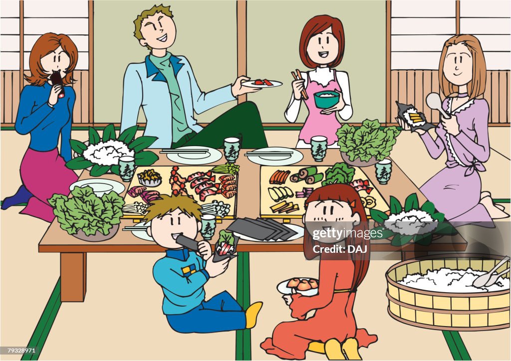 Family Eating a Sushi Rolls, Illustrative Technique